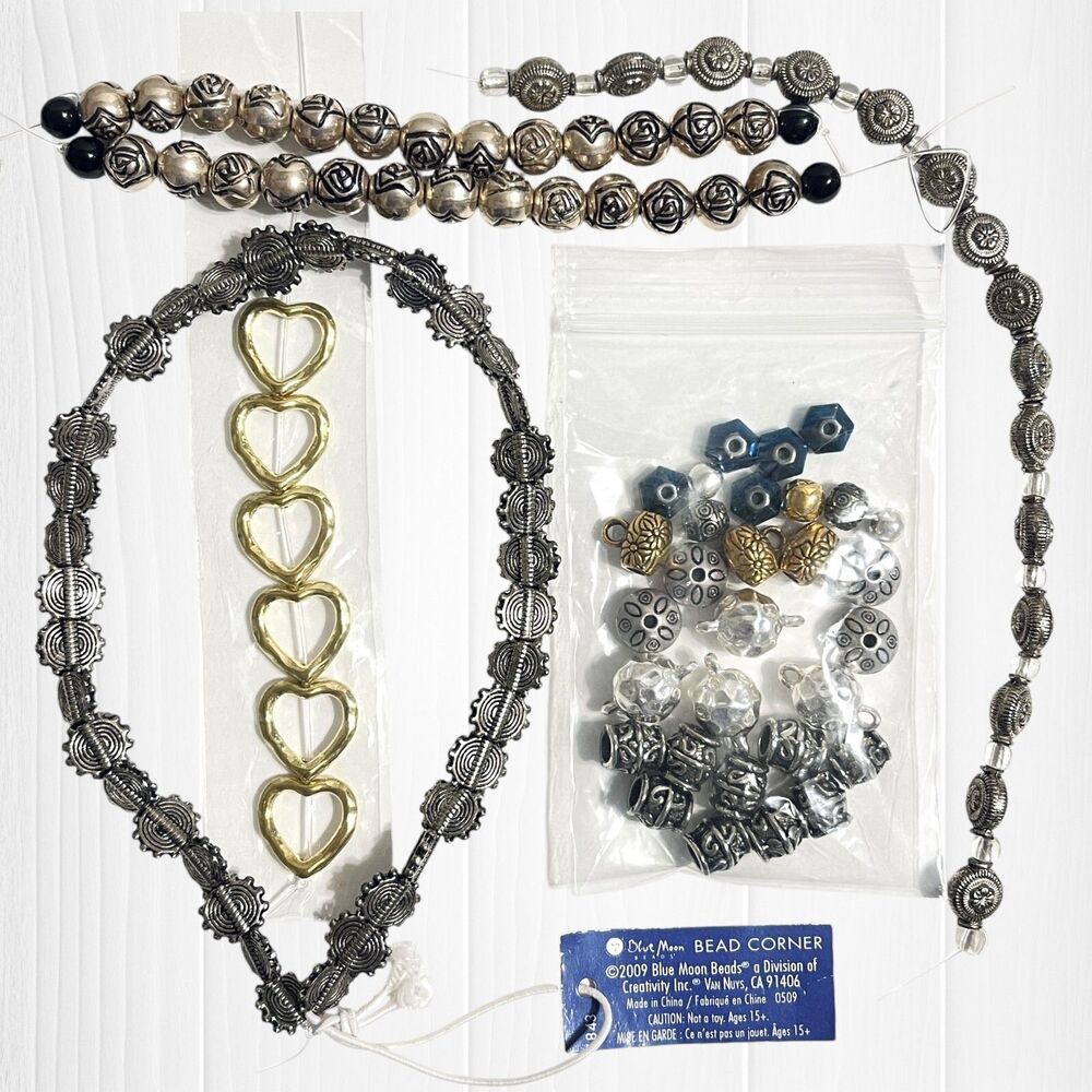 LOT Metallic Beads Jewelry Making Silver Tone Goldtone Mix Hearts Spacers Crafts